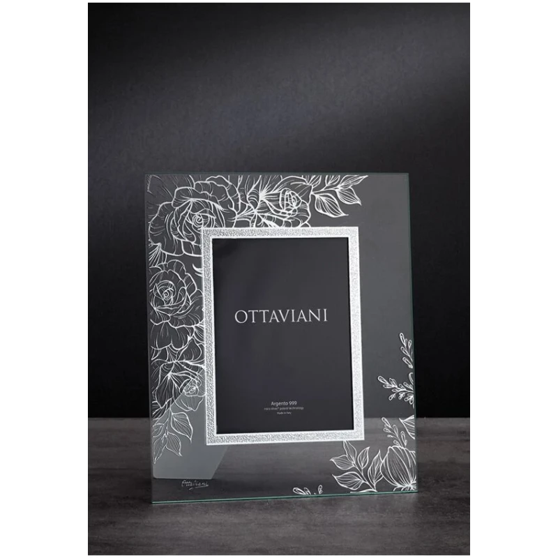 Ottaviani - Crystal Photo Frame with Roses and Silver Leaf