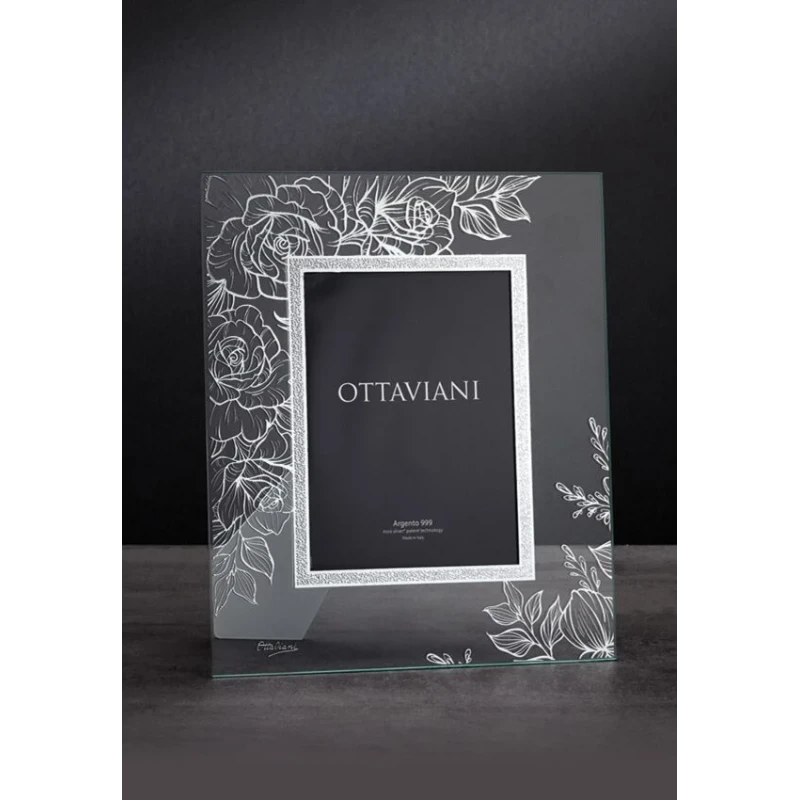 Ottaviani - Crystal Photo Frame with Roses and Silver Leaf