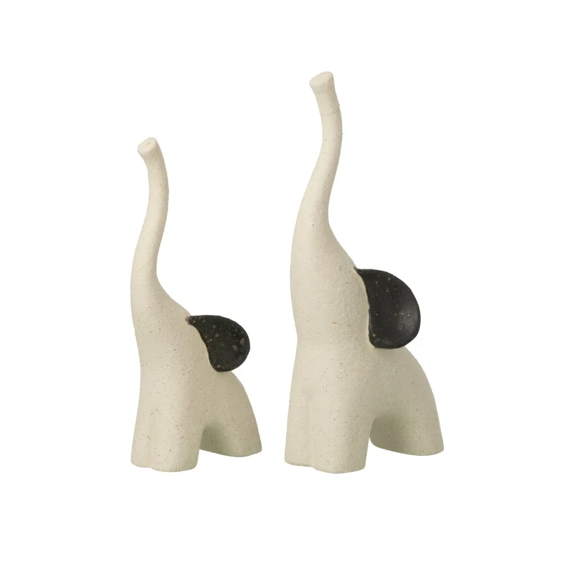 J-Line - Set di 2 Decorazioni Elefante Moderno in Gres -  Avorio / Nero