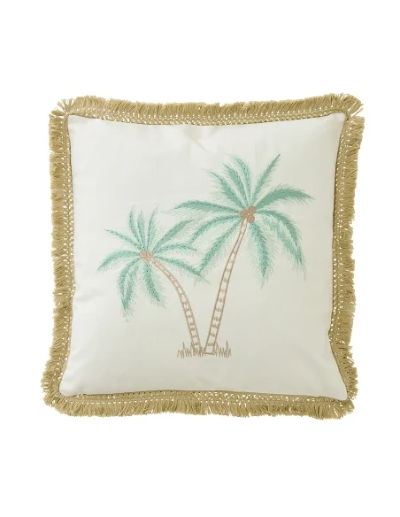 J-Line - Cotton Palm Cushion - White / Turquoise