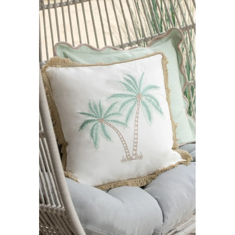 J-Line - Cotton Palm Cushion - White / Turquoise