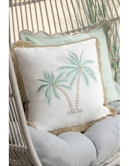 J-Line - Cotton Palm Cushion - White / Turquoise