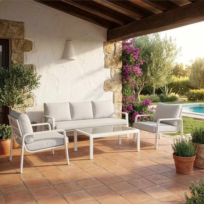 Camacho - Garden Lounge Set with 3-Seater Sofa, 2 Armchairs and Coffee Table - White Aluminum