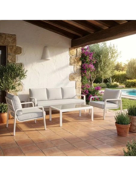 Camacho - Garden Lounge Set with 3-Seater Sofa, 2 Armchairs and Coffee Table - White Aluminum