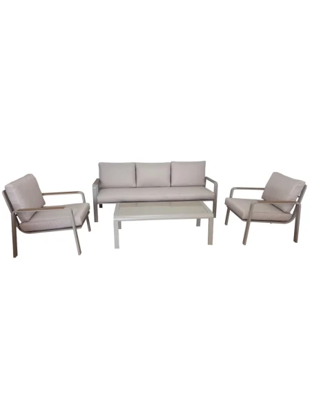 Camacho - Set Salotto da Giardino con Divano a 3 Posti, 2 Poltrone e Tavolino - Alluminio Crema