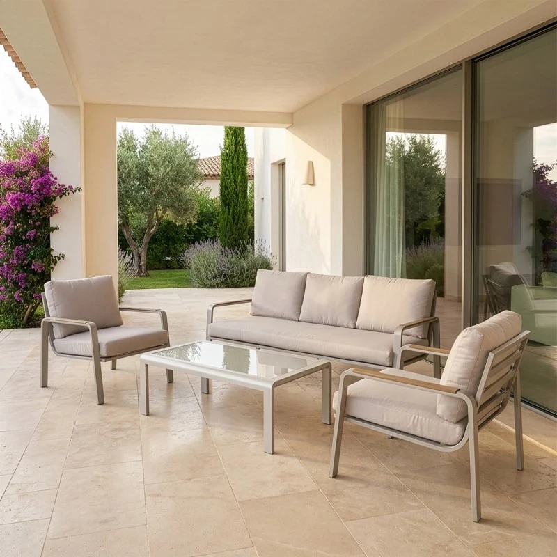 Camacho - Garden Lounge Set with 3-Seater Sofa, 2 Armchairs and Coffee Table - Cream Aluminum