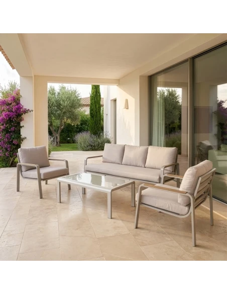 Camacho - Set Salotto da Giardino con Divano a 3 Posti, 2 Poltrone e Tavolino - Alluminio Crema