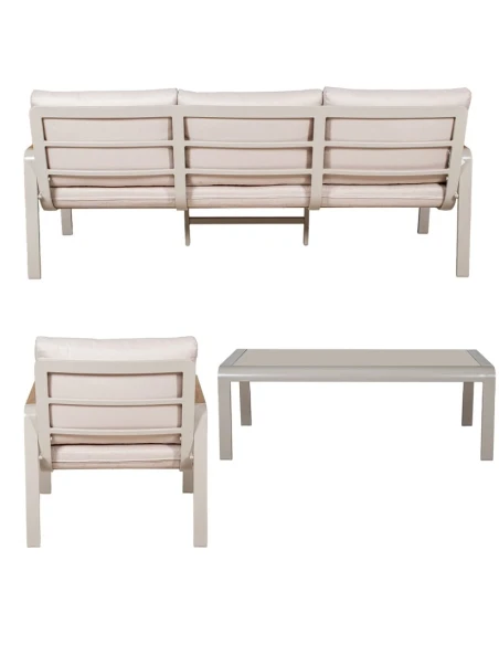 Camacho - Set Salotto da Giardino con Divano a 3 Posti, 2 Poltrone e Tavolino - Alluminio Crema