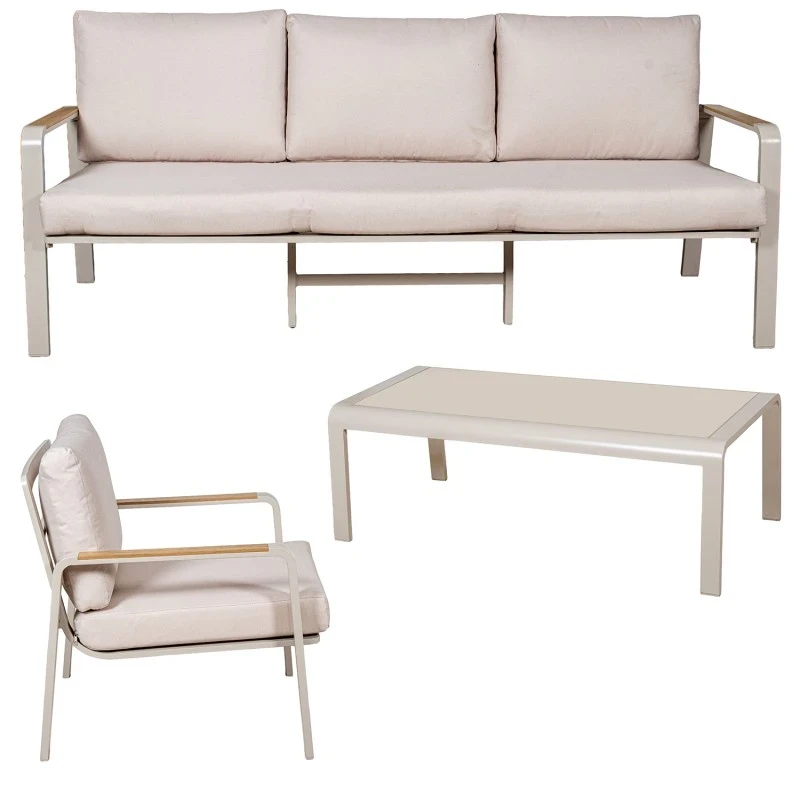 Camacho - Set Salotto da Giardino con Divano a 3 Posti, 2 Poltrone e Tavolino - Alluminio Crema