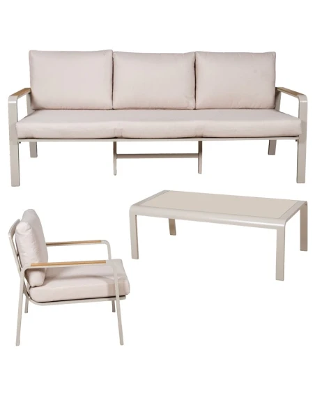 Camacho - Set Salotto da Giardino con Divano a 3 Posti, 2 Poltrone e Tavolino - Alluminio Crema