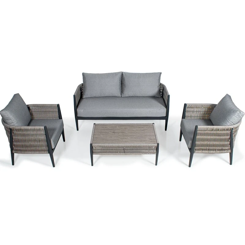 Camacho - Set Salotto da Giardino con Divano a 2 Posti, 2 Poltrone e Tavolino - Alluminio Nero e Vimini