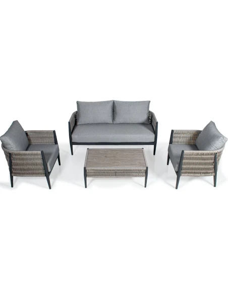 Camacho - Set Salotto da Giardino con Divano a 2 Posti, 2 Poltrone e Tavolino - Alluminio Nero e Vimini
