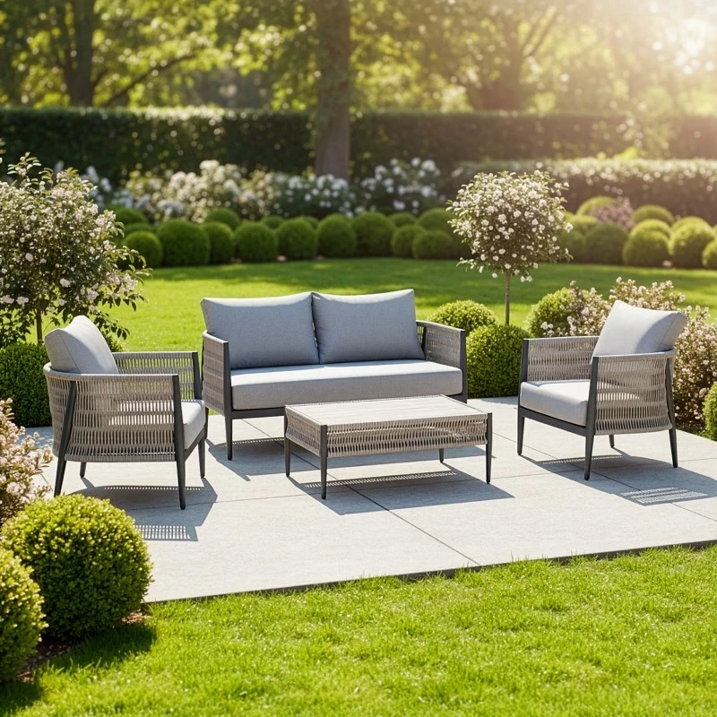 Camacho - Garden Lounge Set with 2-Seater Sofa, 2 Armchairs and Coffee Table - Black Aluminum and Wicker