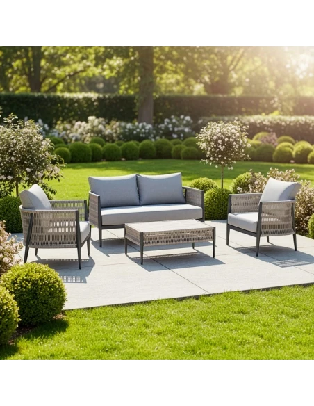 Camacho - Set Salotto da Giardino con Divano a 2 Posti, 2 Poltrone e Tavolino - Alluminio Nero e Vimini