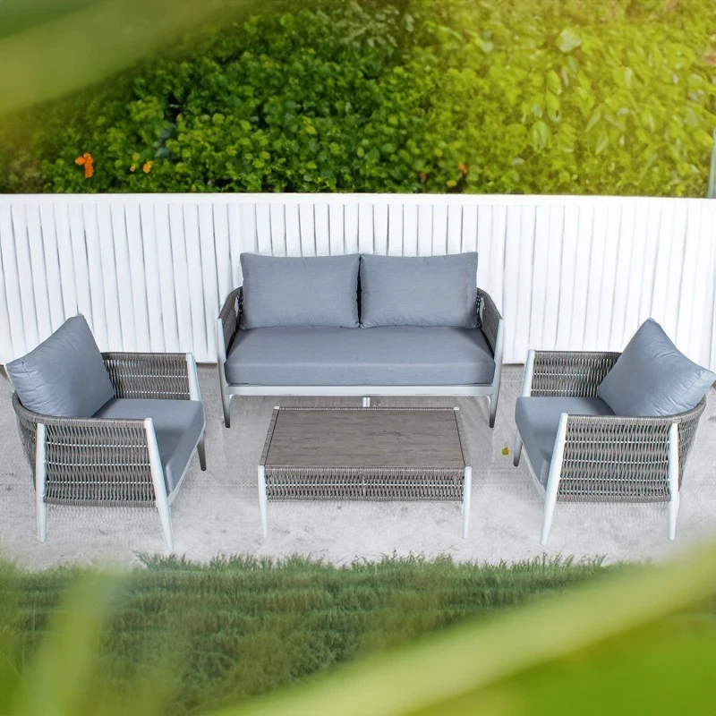 Camacho - Garden Lounge Set with 2-Seater Sofa, 2 Armchairs and Coffee Table - White Aluminum and Wicker