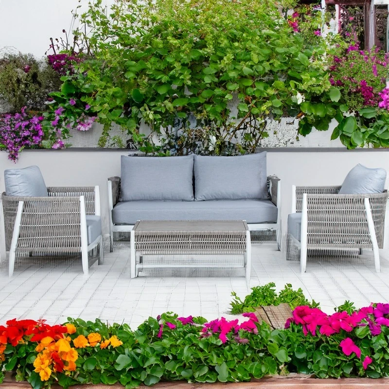 Camacho - Set Salotto da Giardino con Divano a 2 Posti, 2 Poltrone e Tavolino - Alluminio Bianco e Vimini