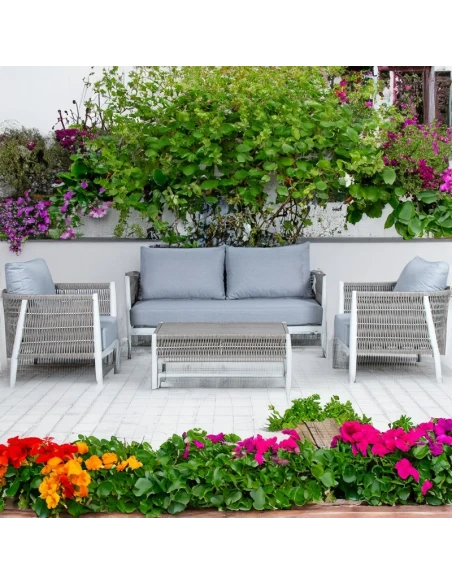 Camacho - Set Salotto da Giardino con Divano a 2 Posti, 2 Poltrone e Tavolino - Alluminio Bianco e Vimini