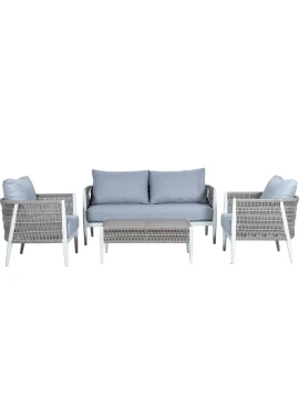 Camacho - Set Salotto da Giardino con Divano a 2 Posti, 2 Poltrone e Tavolino - Alluminio Bianco e Vimini
