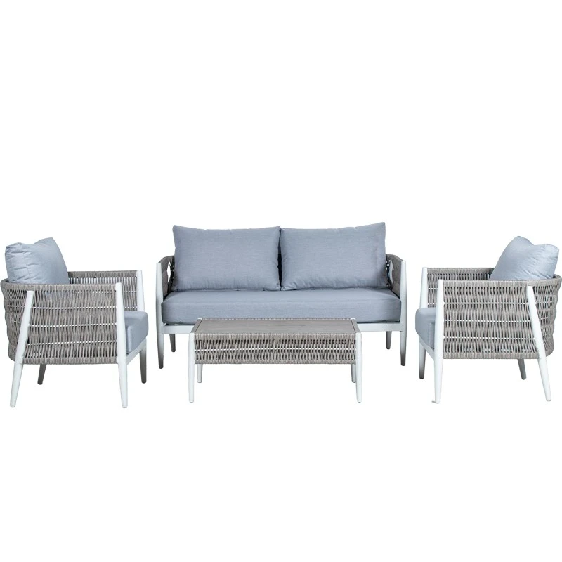 Camacho - Garden Lounge Set with 2-Seater Sofa, 2 Armchairs and Coffee Table - White Aluminum and Wicker