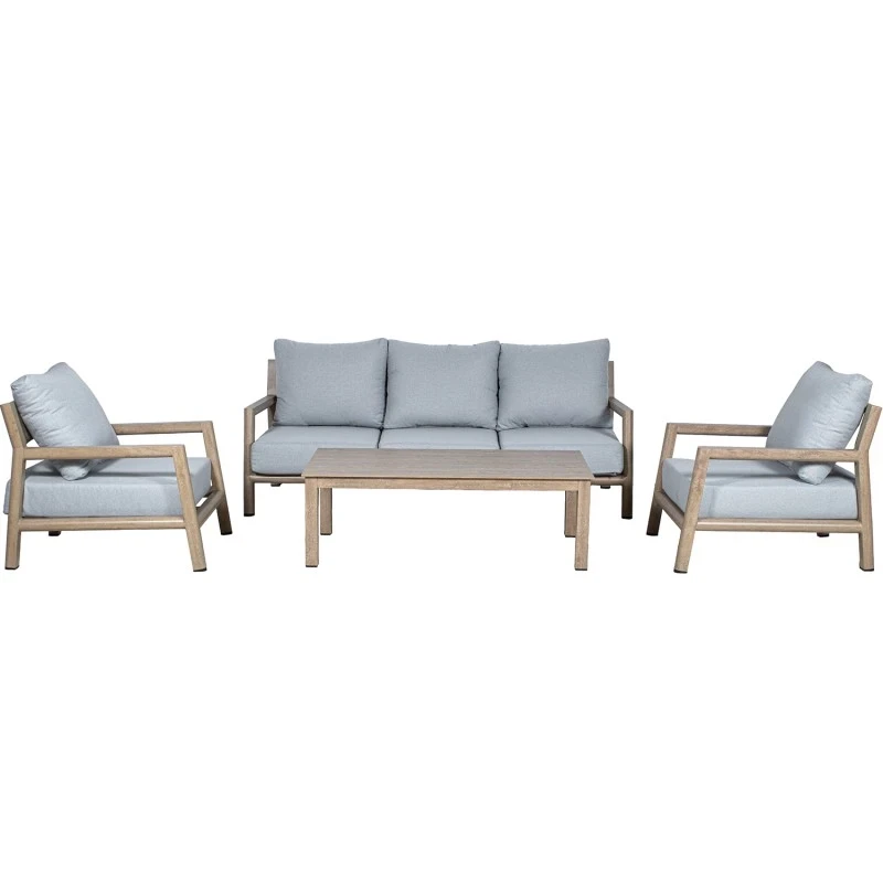 Camacho - Garden Lounge Set with 3-Seater Sofa, 2 Armchairs, and Coffee Table - Wood-Effect Aluminum | Grey