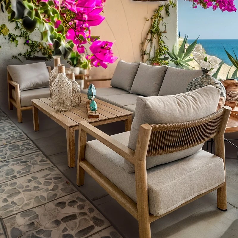 Camacho - Garden Lounge Set with 3-Seater Sofa, 2 Armchairs, and Coffee Table - Wood-Effect Aluminum | Grey