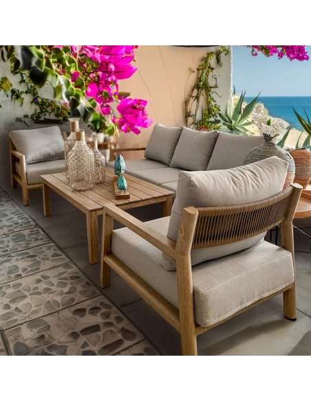 Camacho - Garden Lounge Set with 3-Seater Sofa, 2 Armchairs, and Coffee Table - Wood-Effect Aluminum | Grey