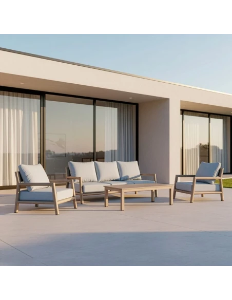 Camacho - Garden Lounge Set with 3-Seater Sofa, 2 Armchairs, and Coffee Table - Wood-Effect Aluminum | Grey