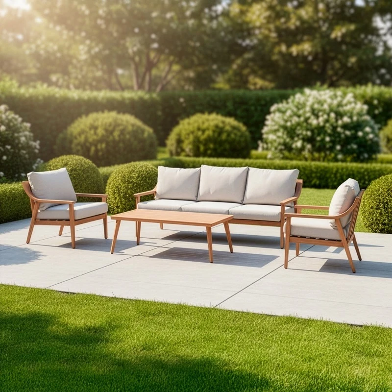 Camacho - Set Salotto da Giardino con Divano a 3 Posti, 2 Poltrone e Tavolino - Alluminio Effetto Legno | Beige