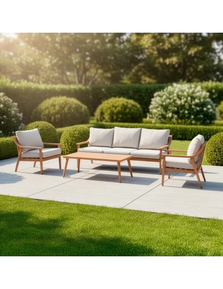 Camacho - Garden Lounge Set with 3-Seater Sofa, 2 Armchairs, and Coffee Table - Wood-Effect Aluminum | Beige