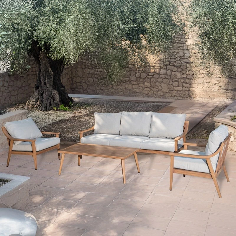 Camacho - Set Salotto da Giardino con Divano a 3 Posti, 2 Poltrone e Tavolino - Alluminio Effetto Legno | Beige