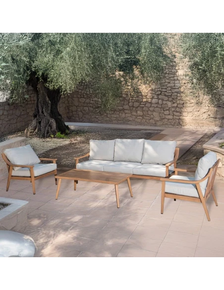 Camacho - Garden Lounge Set with 3-Seater Sofa, 2 Armchairs, and Coffee Table - Wood-Effect Aluminum | Beige