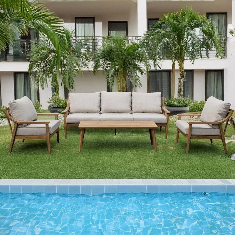 Camacho - Set Salotto da Giardino con Divano a 3 Posti, 2 Poltrone e Tavolino - Alluminio Effetto Legno | Beige