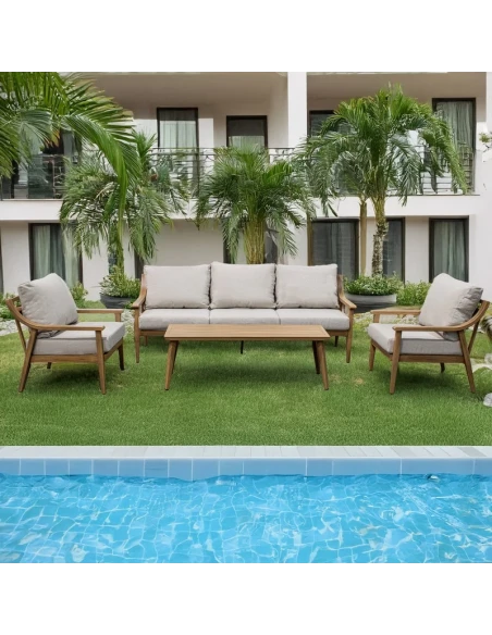 Camacho - Garden Lounge Set with 3-Seater Sofa, 2 Armchairs, and Coffee Table - Wood-Effect Aluminum | Beige