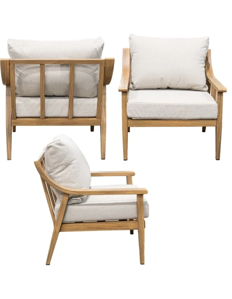 Camacho - Set Salotto da Giardino con Divano a 3 Posti, 2 Poltrone e Tavolino - Alluminio Effetto Legno | Beige