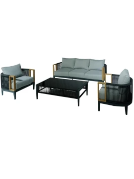 Camacho - Set Salotto da Giardino con Divano a 3 Posti, 2 Poltrone e Tavolino - Alluminio Nero | Grigio
