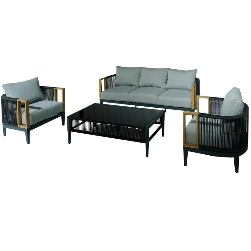 Camacho - Set Salotto da Giardino con Divano a 3 Posti, 2 Poltrone e Tavolino - Alluminio Nero | Grigio