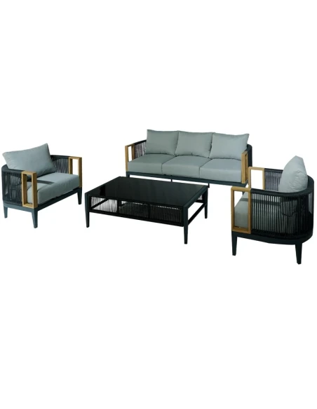 Camacho - Garden Lounge Set with 3-Seater Sofa, 2 Armchairs, and Coffee Table - Black Aluminum | Grey
