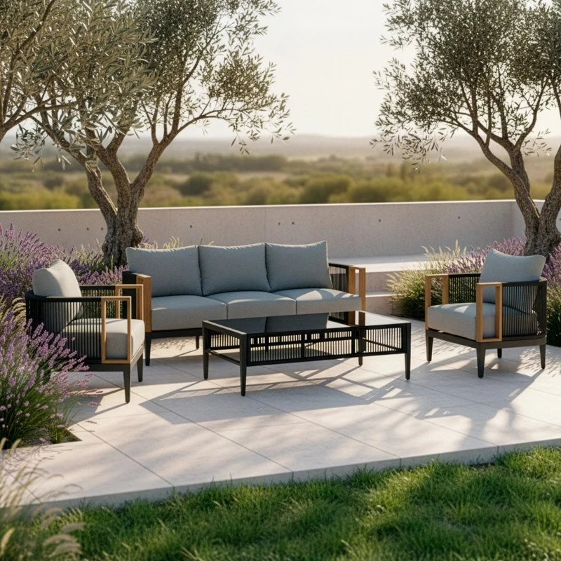 Camacho - Garden Lounge Set with 3-Seater Sofa, 2 Armchairs, and Coffee Table - Black Aluminum | Grey