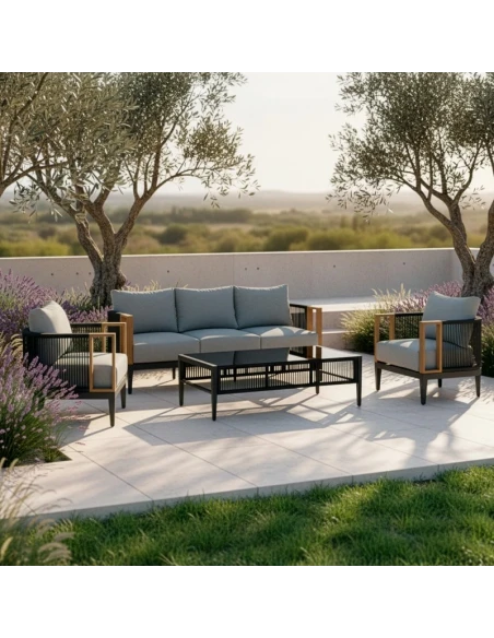 Camacho - Garden Lounge Set with 3-Seater Sofa, 2 Armchairs, and Coffee Table - Black Aluminum | Grey