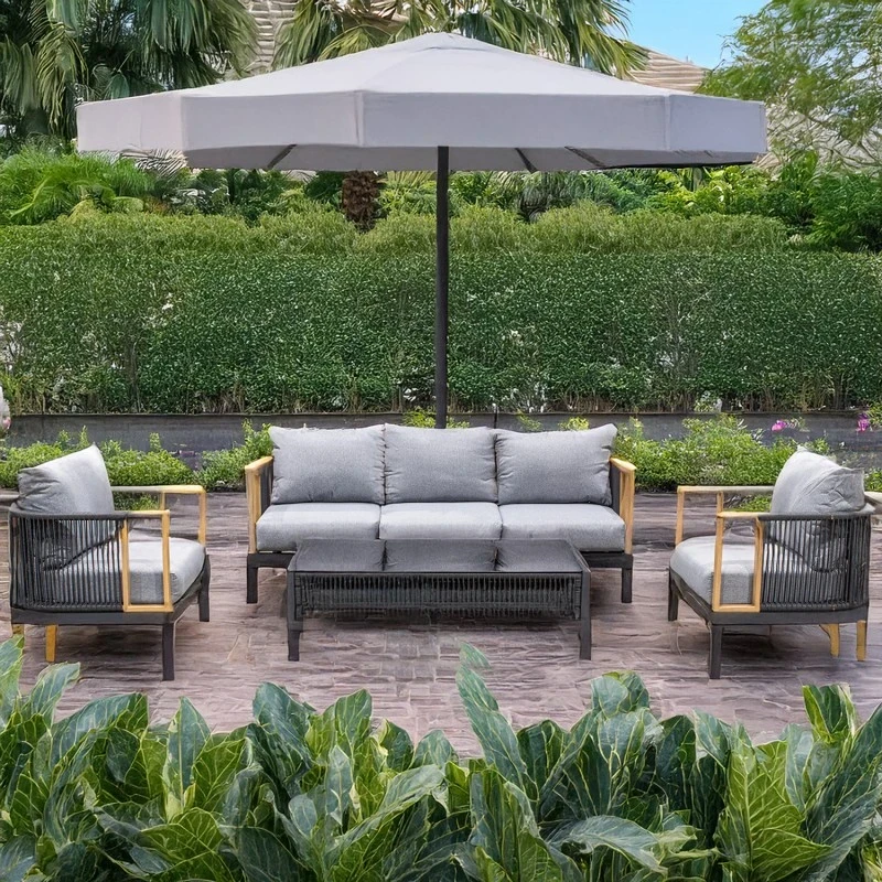 Camacho - Garden Lounge Set with 3-Seater Sofa, 2 Armchairs, and Coffee Table - Black Aluminum | Grey