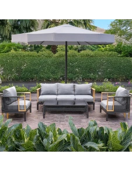 Camacho - Set Salotto da Giardino con Divano a 3 Posti, 2 Poltrone e Tavolino - Alluminio Nero | Grigio