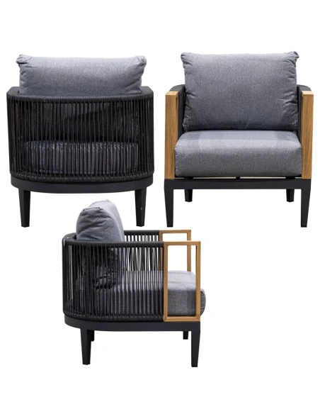 Camacho - Garden Lounge Set with 3-Seater Sofa, 2 Armchairs, and Coffee Table - Black Aluminum | Grey