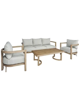 Camacho - Set Salotto da Giardino Curvi con Divano a 3 Posti, 2 Poltrone e Tavolino - Alluminio Effetto Legno | Beige