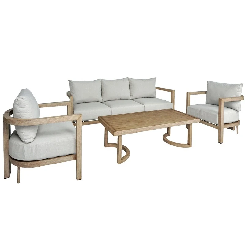 Camacho - Set Salotto da Giardino Curvi con Divano a 3 Posti, 2 Poltrone e Tavolino - Alluminio Effetto Legno | Beige
