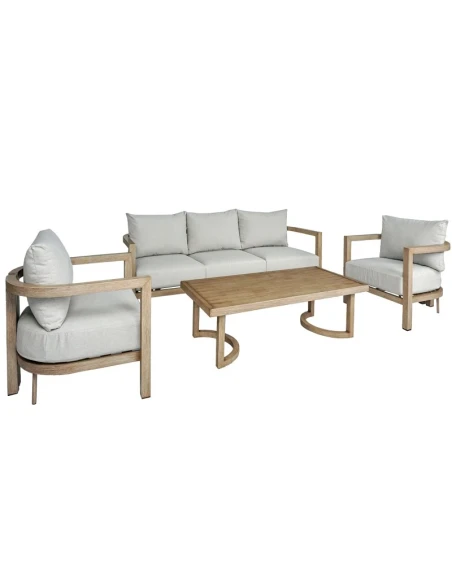 Camacho - Curved Garden Lounge Set with 3-Seater Sofa, 2 Armchairs, and Coffee Table - Wood-Effect Aluminum | Beige