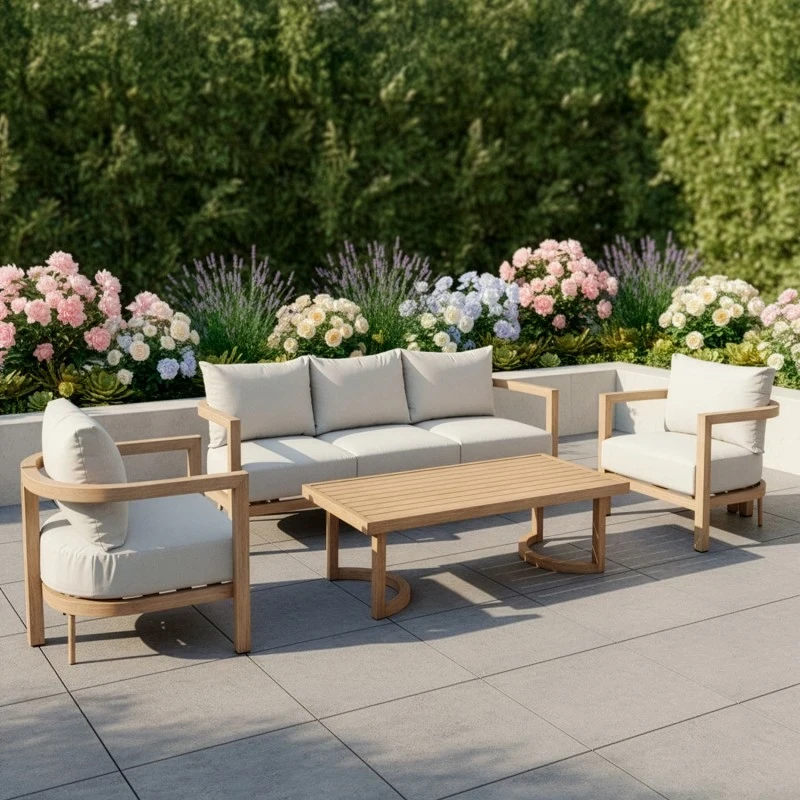 Camacho - Set Salotto da Giardino Curvi con Divano a 3 Posti, 2 Poltrone e Tavolino - Alluminio Effetto Legno | Beige