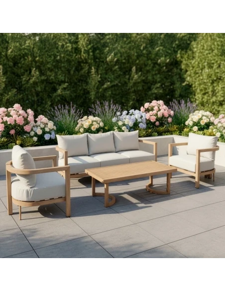 Camacho - Set Salotto da Giardino Curvi con Divano a 3 Posti, 2 Poltrone e Tavolino - Alluminio Effetto Legno | Beige