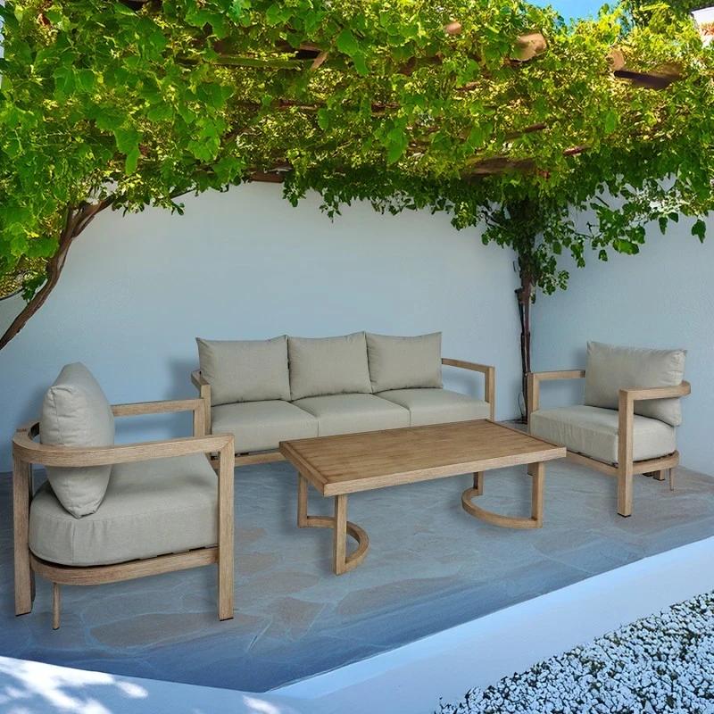 Camacho - Set Salotto da Giardino Curvi con Divano a 3 Posti, 2 Poltrone e Tavolino - Alluminio Effetto Legno | Beige
