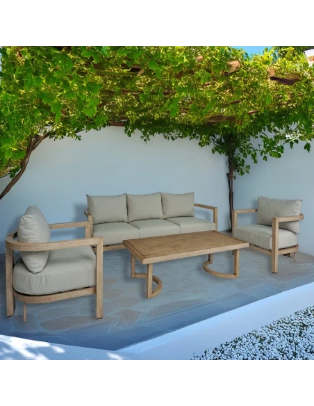Camacho - Set Salotto da Giardino Curvi con Divano a 3 Posti, 2 Poltrone e Tavolino - Alluminio Effetto Legno | Beige