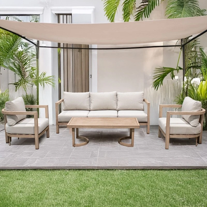 Camacho - Curved Garden Lounge Set with 3-Seater Sofa, 2 Armchairs, and Coffee Table - Wood-Effect Aluminum | Beige